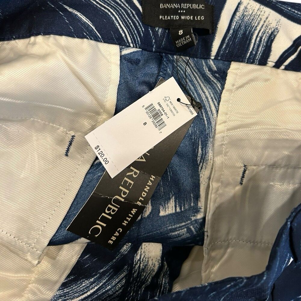 Banana Republic Brush Stroke Print Blue Relaxed Trouser Wide Leg Pants Sz 8 NWT - Picture 11 of 13